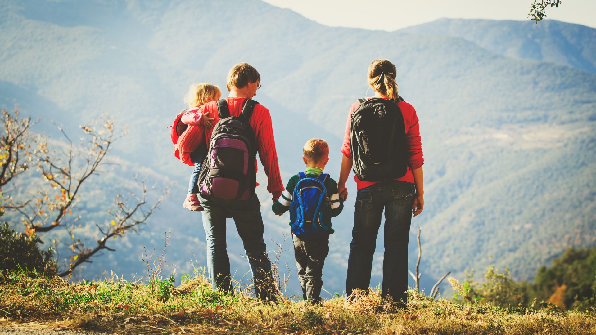 Photo d'un couple avec deux enfants de dos en tenue de randonneur en train de regarder le paysage